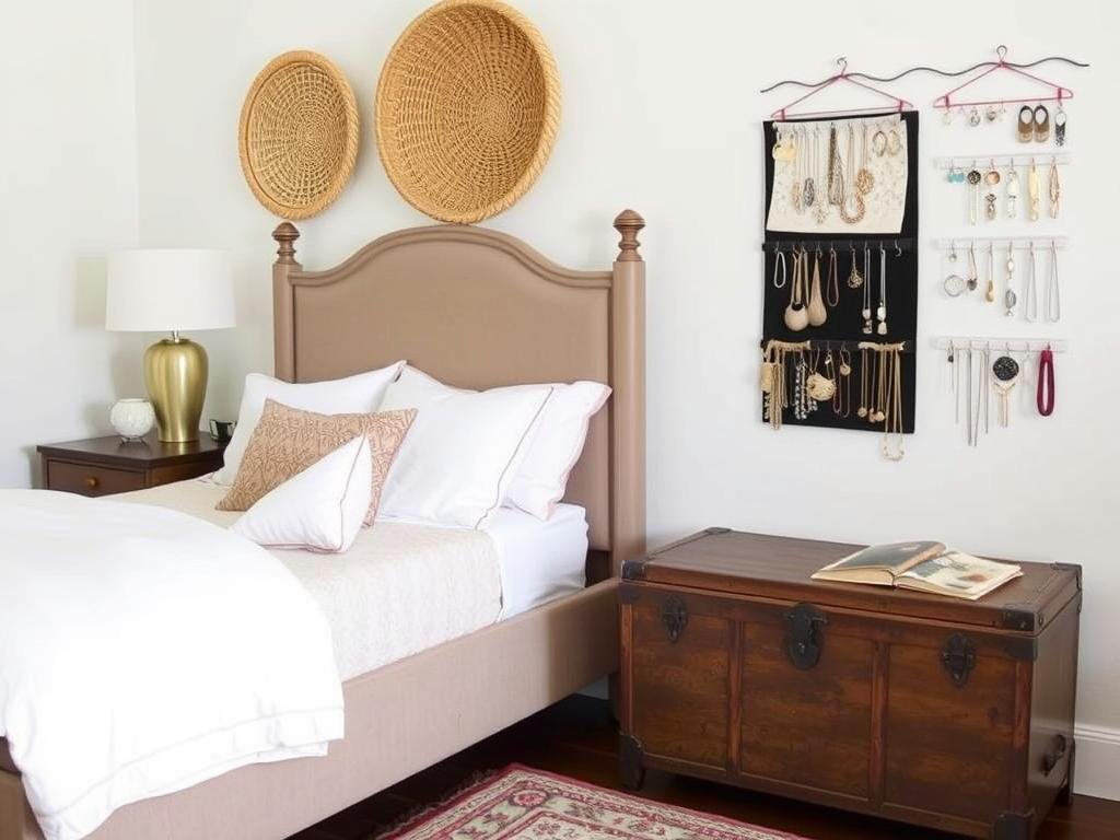 Bedroom with decorative storage including woven baskets, a vintage trunk, and wall-mounted jewelry display