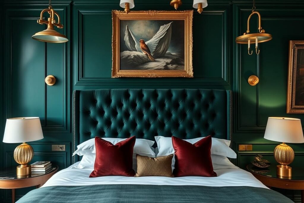 Bedroom with deep emerald green walls, gold accents, and velvet textures