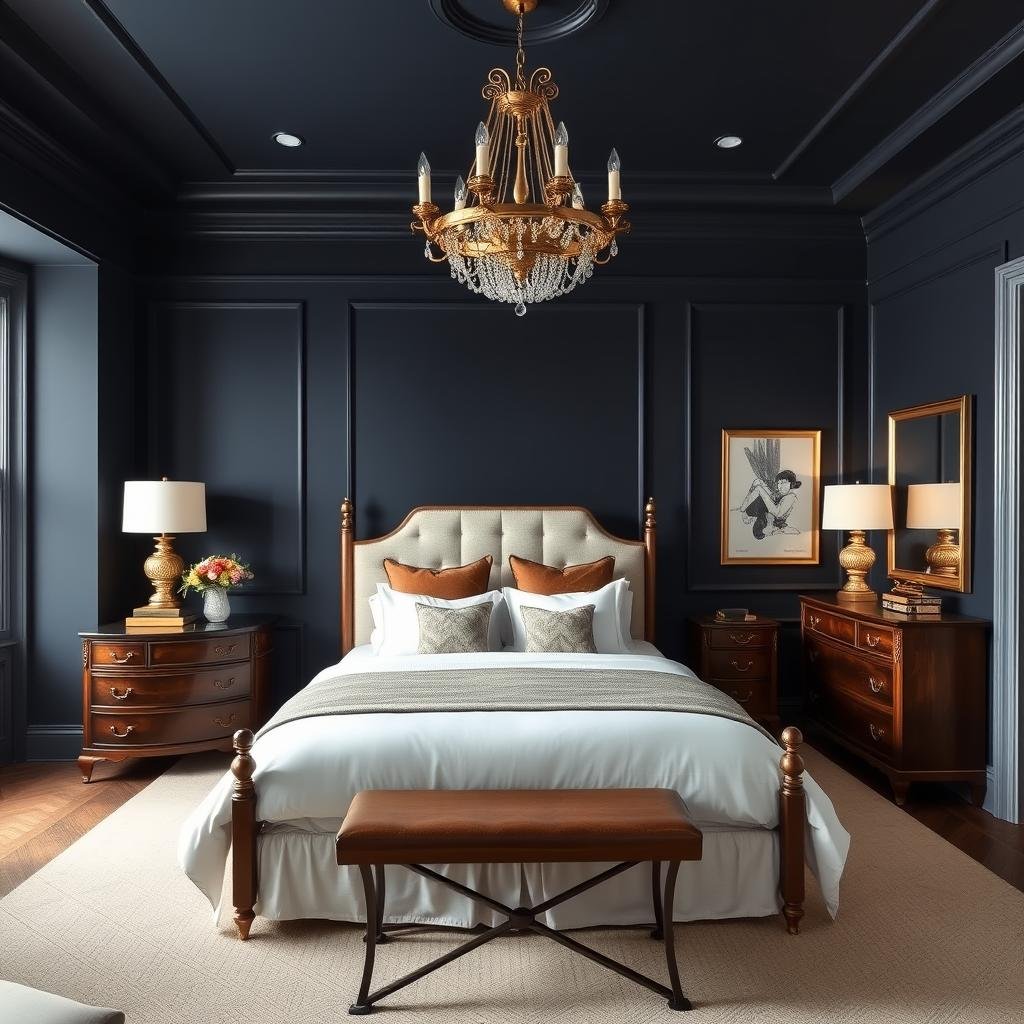 Bedroom with dramatic dark color scheme Bedroom with dramatic dark color scheme