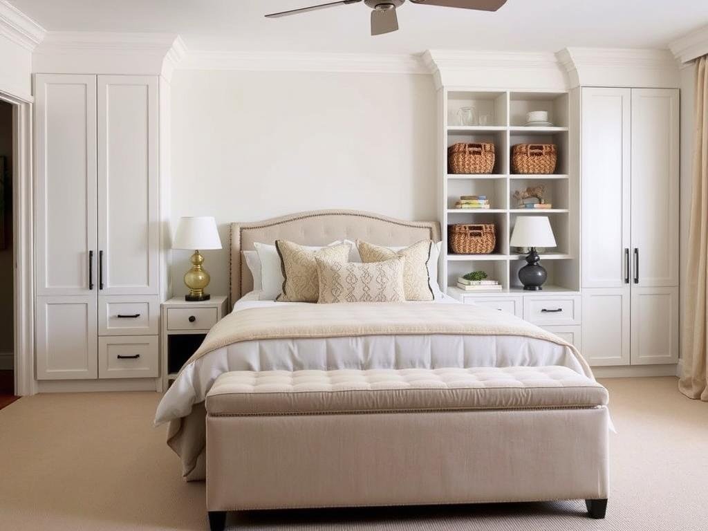 Bedroom with elegant built-in storage solutions and decorative baskets