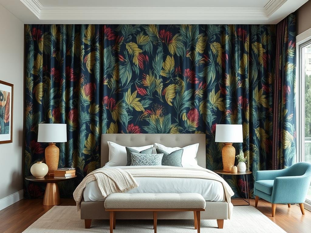 Bedroom with floor-to-ceiling patterned curtains in rich colors