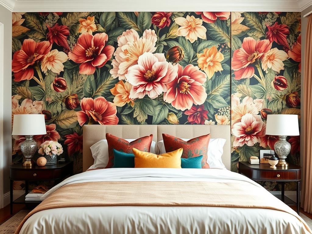 Bedroom with floral wallpaper accent wall behind the bed
