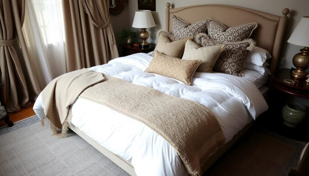 Bedroom with layered bedding, throw pillows, and textile accents Bedroom with layered bedding, throw pillows, and textile accents