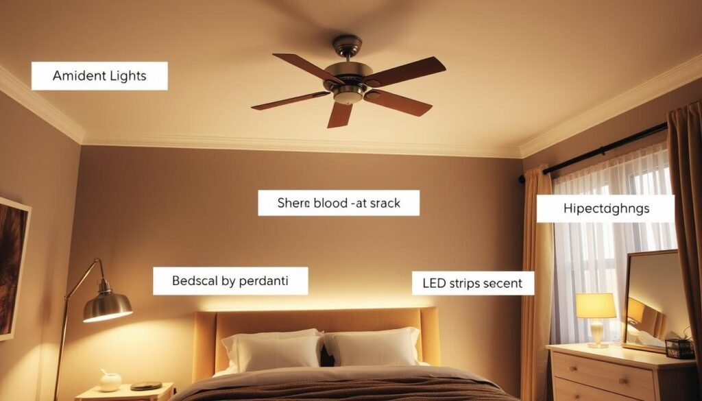 Bedroom with layered lighting including ambient, task, and accent lights Bedroom with layered lighting including ambient, task, and accent lights