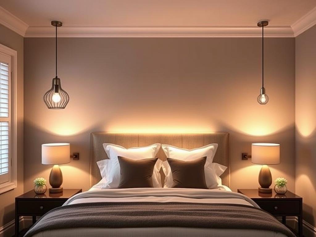 Bedroom with layered lighting including pendant lights, table lamps, and ambient lighting
