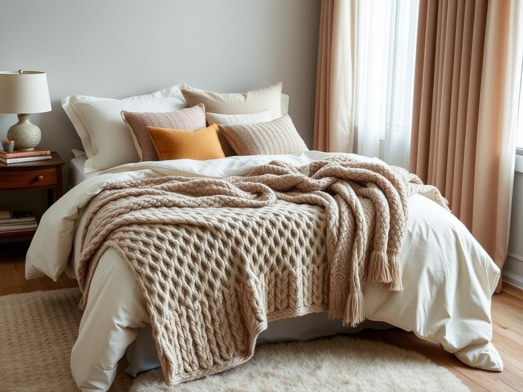 Bedroom with layered textiles including bedding, pillows, and throws creating cozy room decor bedroom atmosphere Bedroom with layered textiles including bedding, pillows, and throws creating cozy room decor bedroom atmosphere