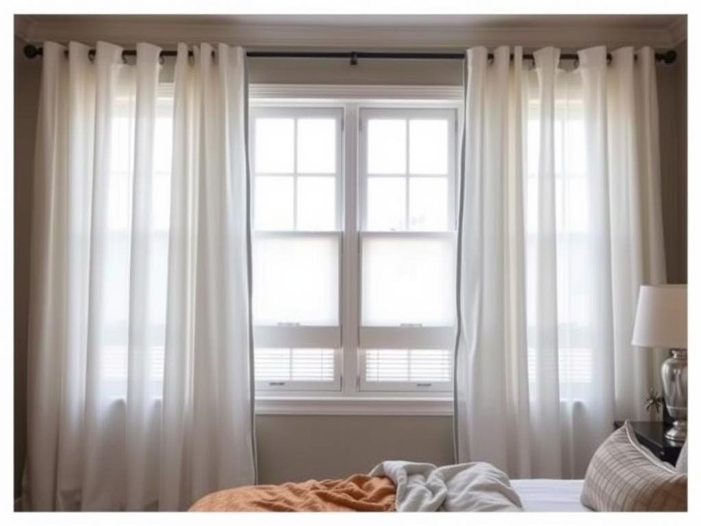 Bedroom with layered window treatments including sheer curtains and blackout drapes