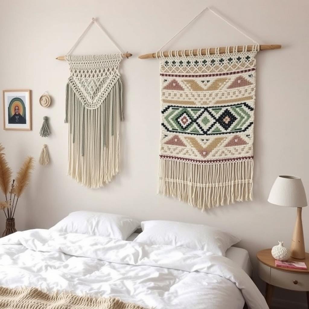 Bedroom with macramé and woven textile wall hangings Bedroom with macramé and woven textile wall hangings