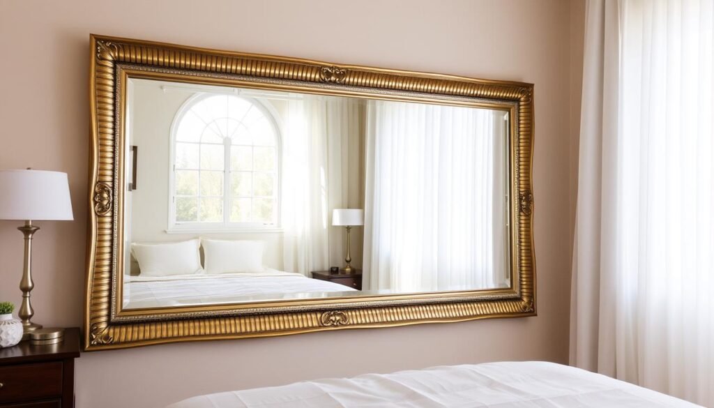 Bedroom with mirror strategically placed to reflect window light Bedroom with mirror strategically placed to reflect window light