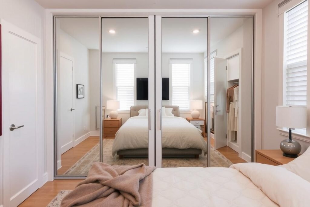 Bedroom with mirrored closet doors making the room appear larger Bedroom with mirrored closet doors making the room appear larger