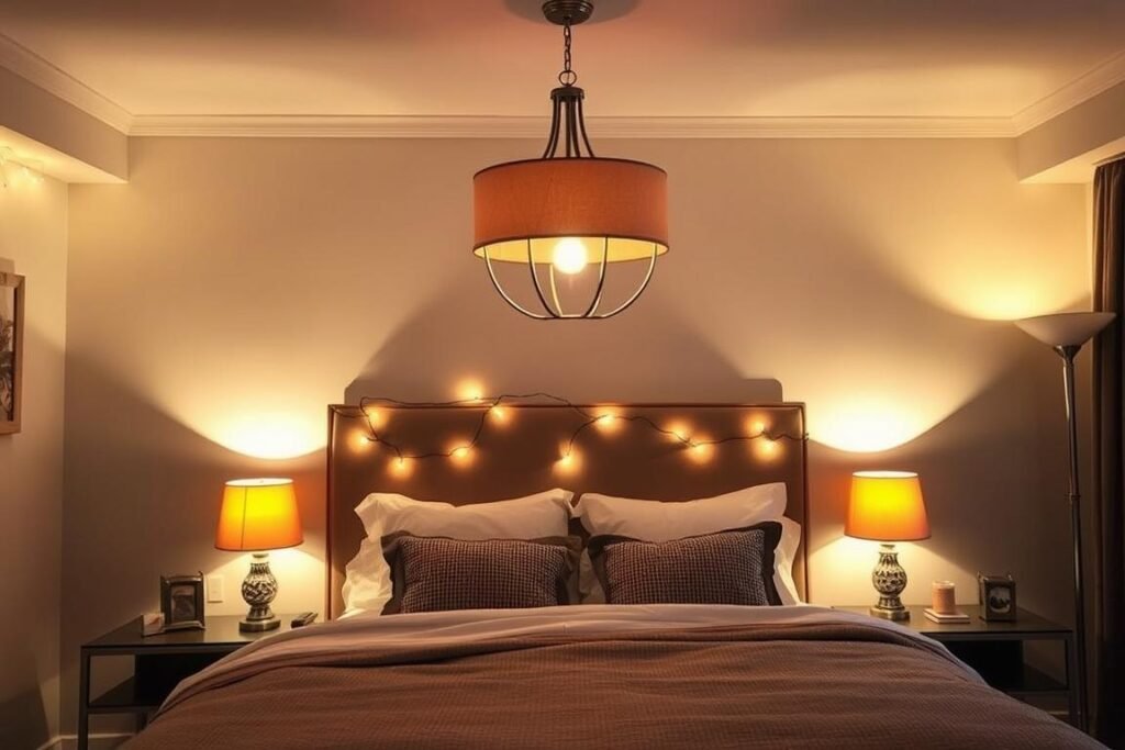 Bedroom with multiple light sources including pendant lights, table lamps, and string lights Bedroom with multiple light sources including pendant lights, table lamps, and string lights