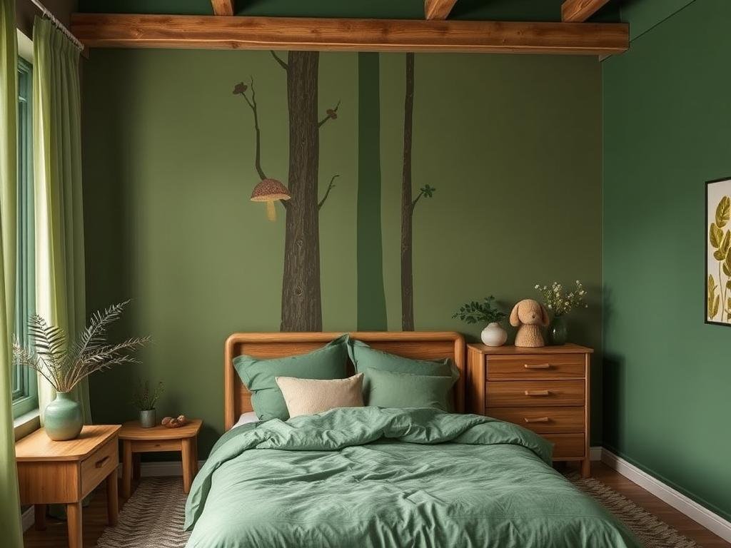 Bedroom with nature-inspired color palette of greens and earthy browns
