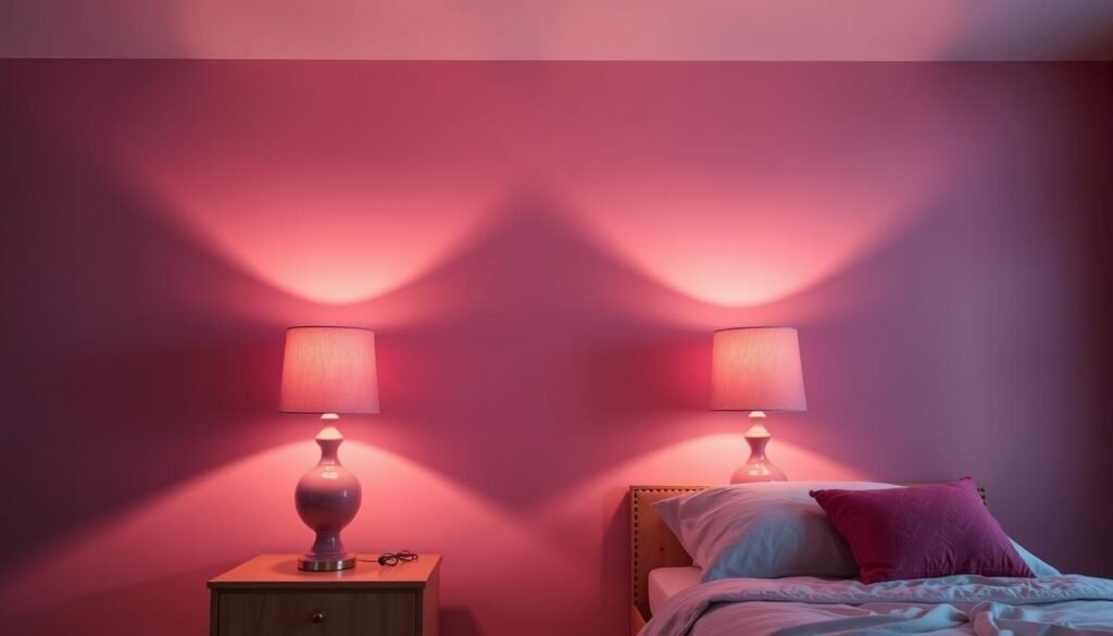 Bedroom with pink table lamps casting a warm glow on blush walls