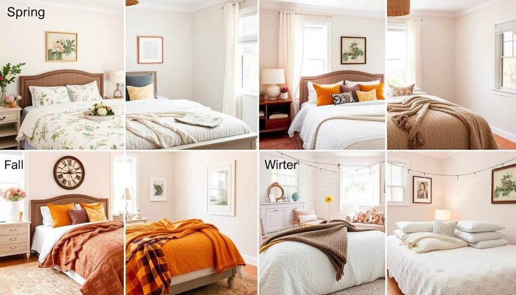 Bedroom with seasonal decor changes for different times of year Bedroom with seasonal decor changes for different times of year