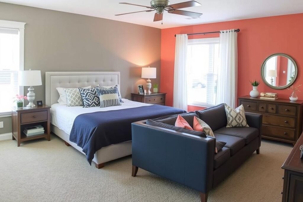 Bedroom with strategic updates including new paint, bedding, and rearranged furniture