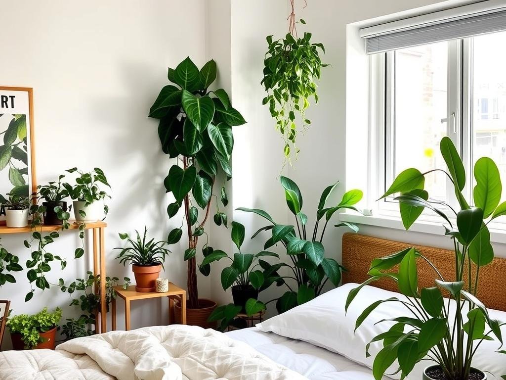 Bedroom with various houseplants including a large floor plant and smaller potted plants on surfaces