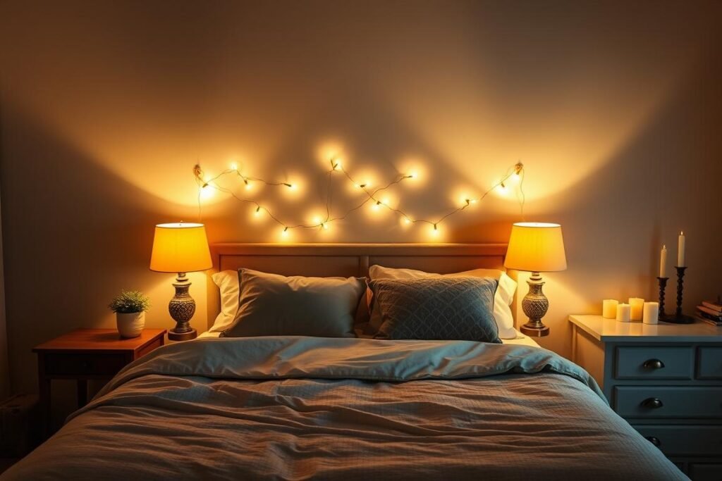 Bedroom with various lighting options creating a cozy ambiance