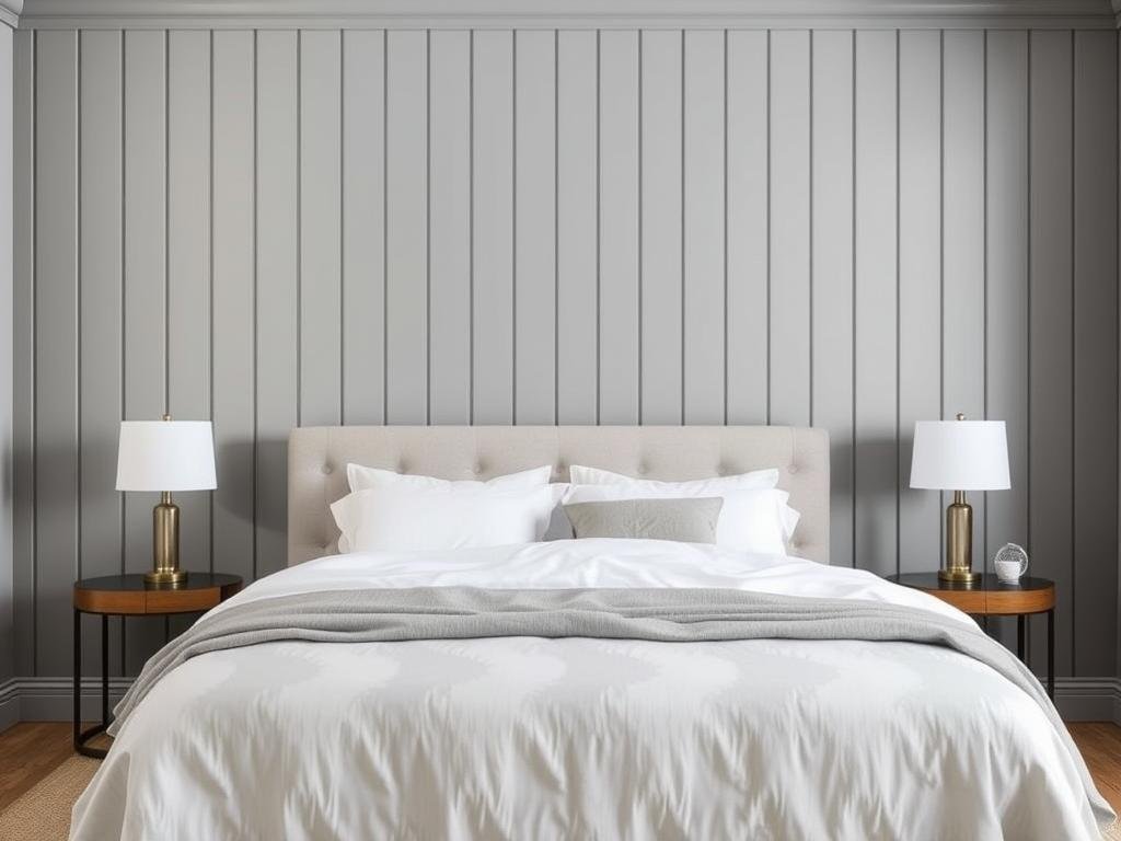 Bedroom with vertical board and batten wall treatment painted in soft gray