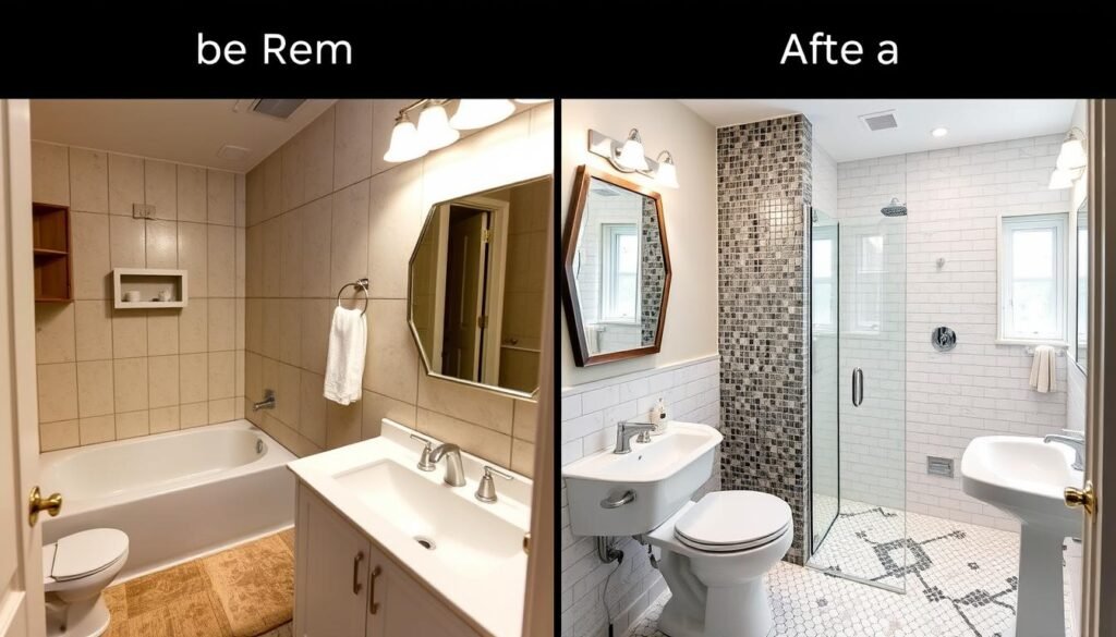 Before and after bathroom remodel transformation showing dramatic improvement Before and after bathroom remodel transformation showing dramatic improvement