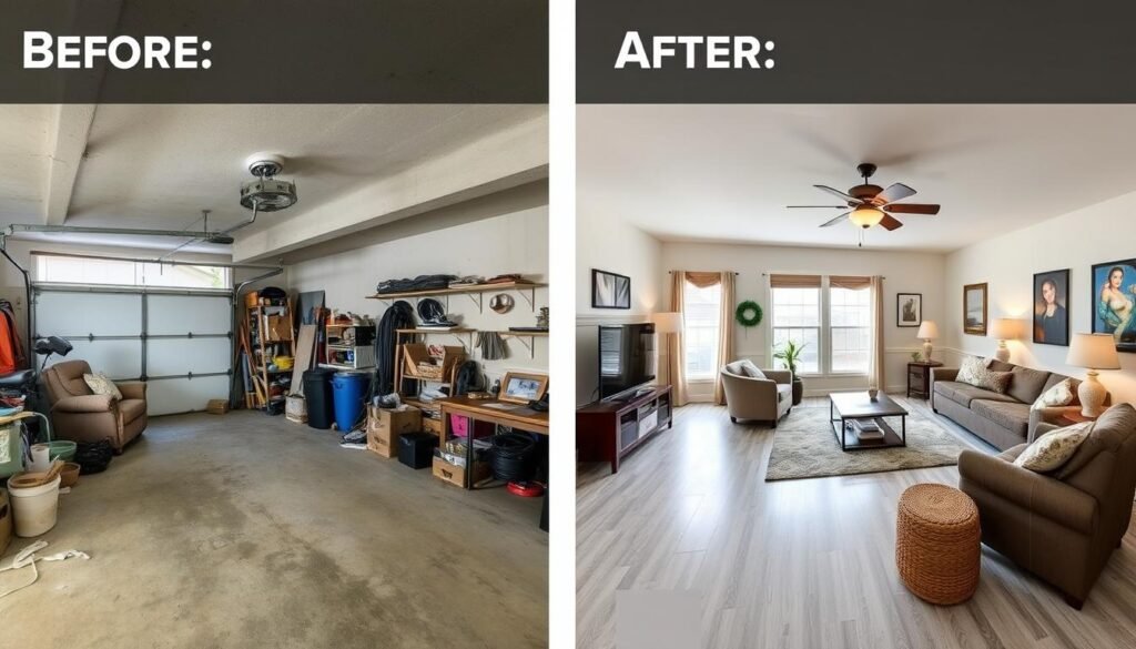 Before and after comparison of garage to living space conversion showing dramatic transformation Before and after comparison of garage to living space conversion showing dramatic transformation