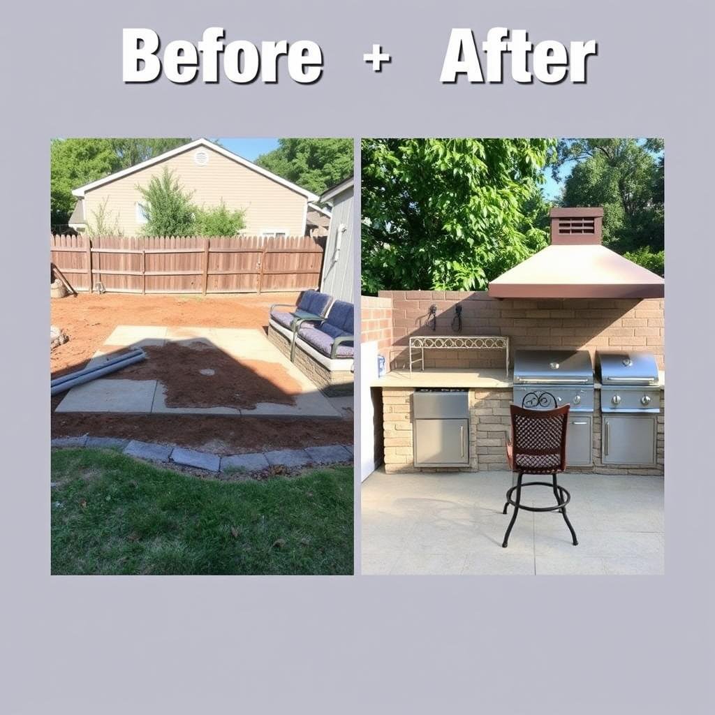 Before and after comparison of outdoor kitchen project