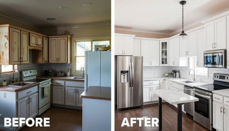 Before and after kitchen remodel showing dramatic transformation from outdated to modern design