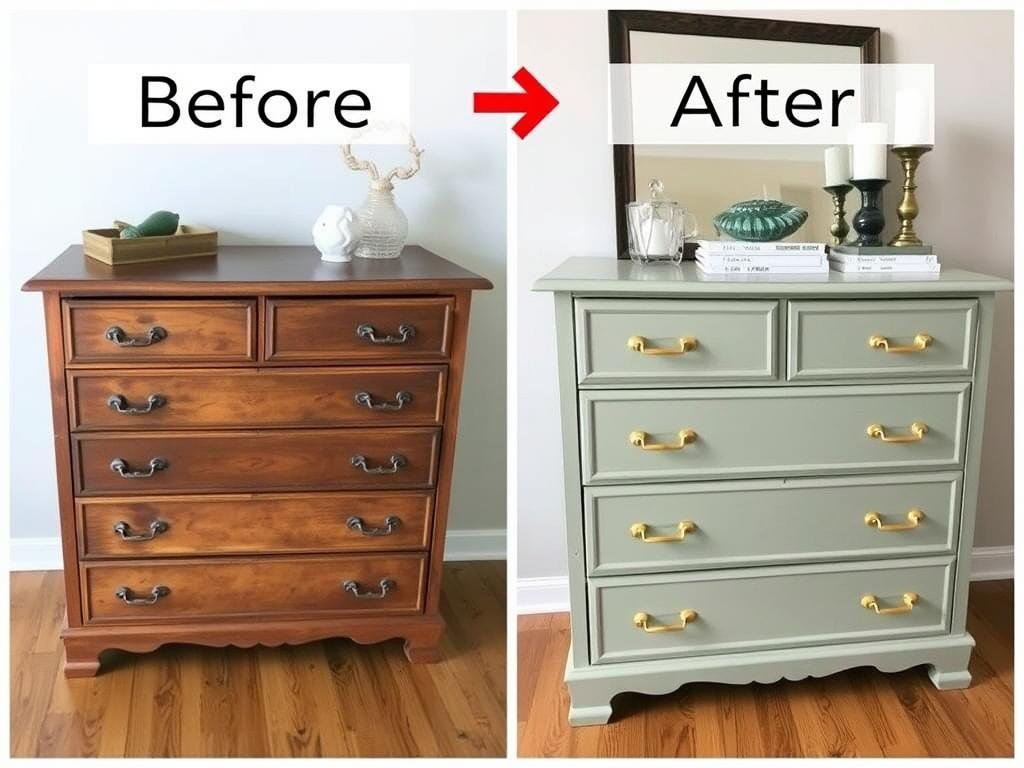 Before and after of a DIY painted dresser transformation showing dramatic color change and new hardware