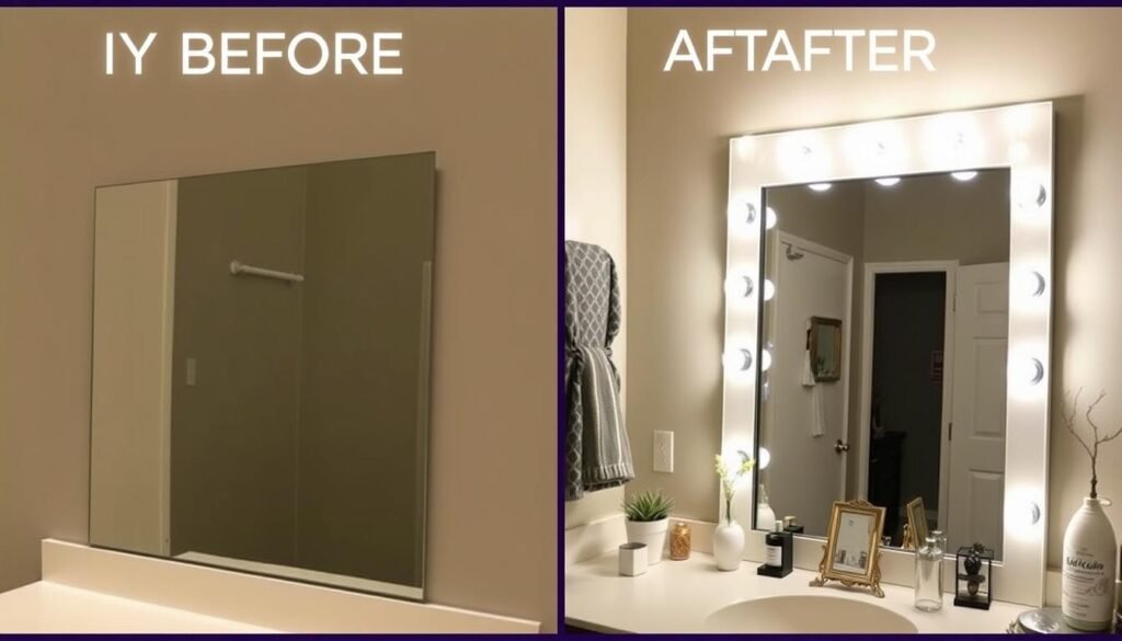 Before and after of a DIY vanity mirror transformation Before and after of a DIY vanity mirror transformation