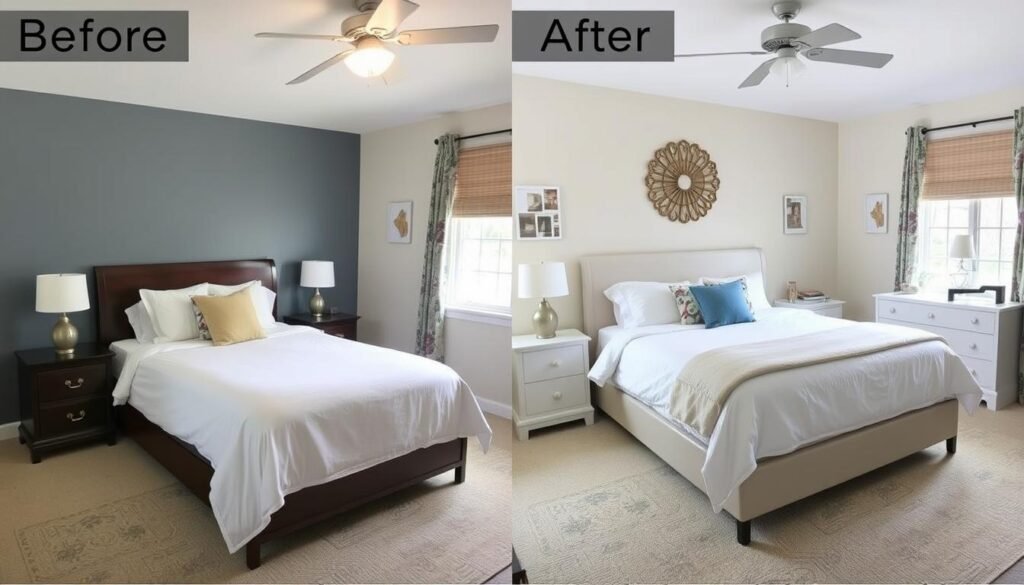 Before and after of a bedroom makeover using budget-friendly techniques