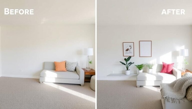Before and after of a living room with easy decor changes including new throw pillows, wall art, and plants