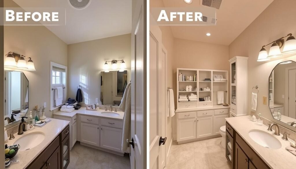 Before and after of a master bathroom remodel showing common mistakes fixed Before and after of a master bathroom remodel showing common mistakes fixed