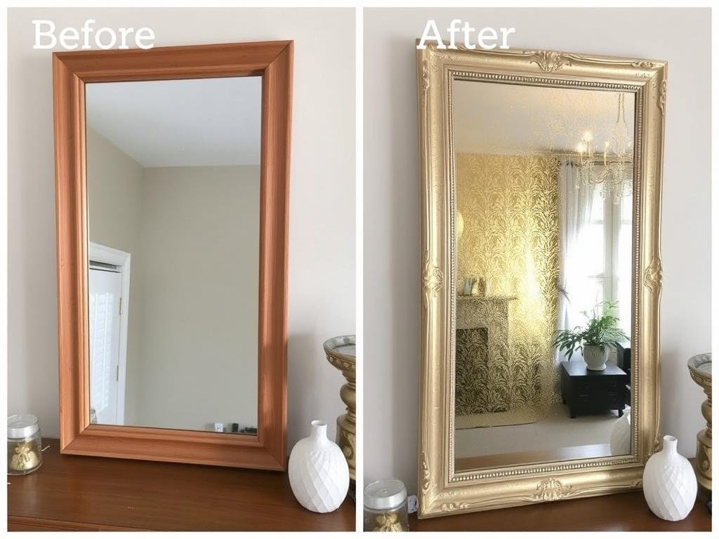 Before and after of a mirror frame upcycled with gold paint Before and after of a mirror frame upcycled with gold paint