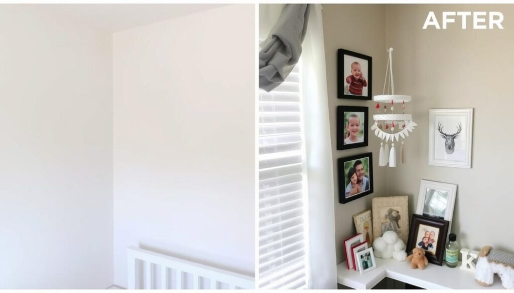Before and after of a nursery corner transformed with personalized baby room decor elements