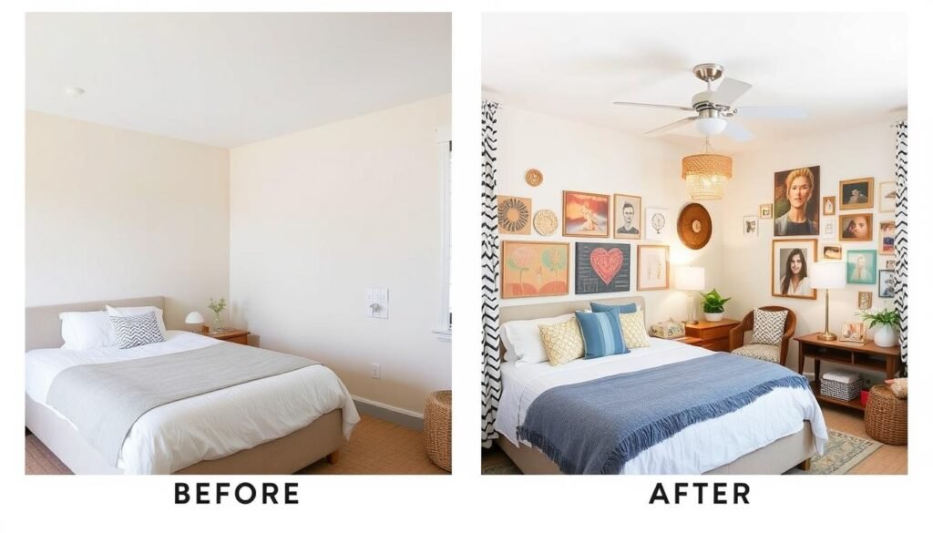 Before and after of a room transformed with DIY decor projects