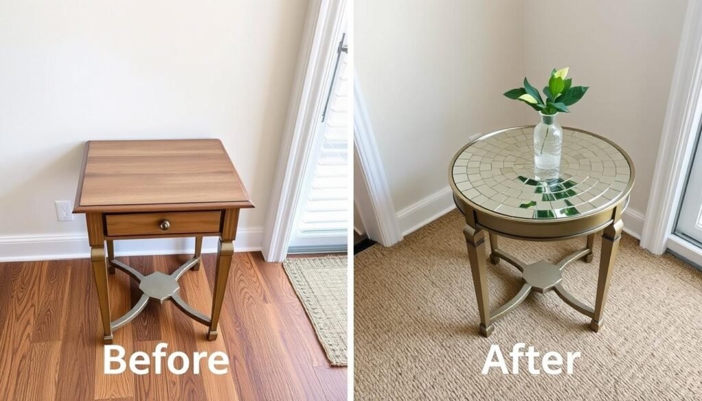 Before and after of a side table transformed with mirror mosaic top Before and after of a side table transformed with mirror mosaic top