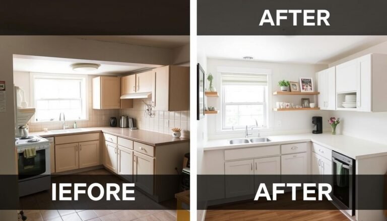 Before and after of a small kitchen remodel showing a transformed bright, functional space with smart storage solutions