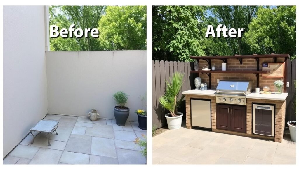 Before and after of a small outdoor space transformed into a beautiful compact kitchen Before and after of a small outdoor space transformed into a beautiful compact kitchen