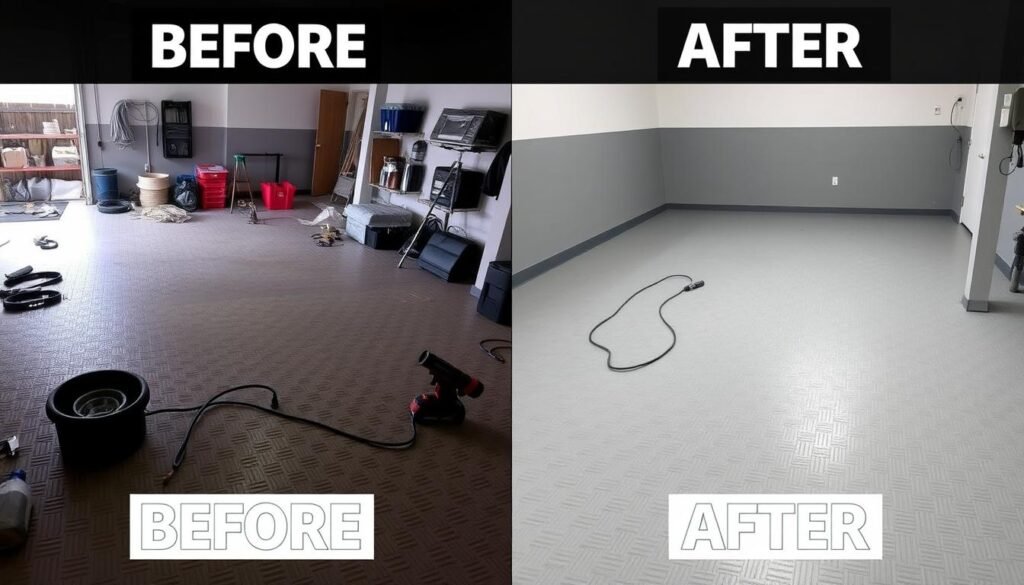 Before and after of garage floor transformation showing installation of interlocking tiles Before and after of garage floor transformation showing installation of interlocking tiles