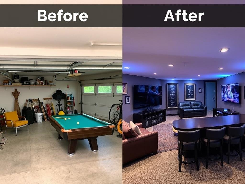 Before and after of garage to entertainment space with gaming and media areas Before and after of garage to entertainment space with gaming and media areas