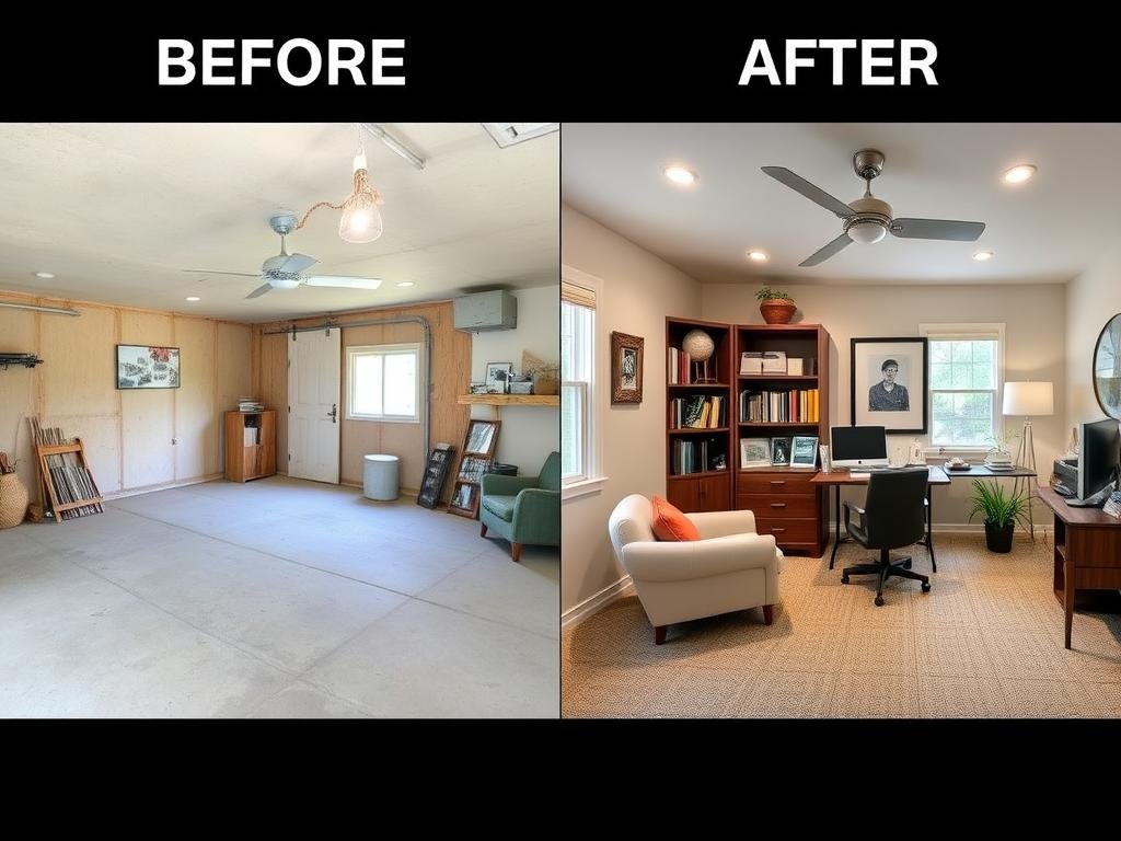 Before and after of garage to home office conversion showing workspace design Before and after of garage to home office conversion showing workspace design