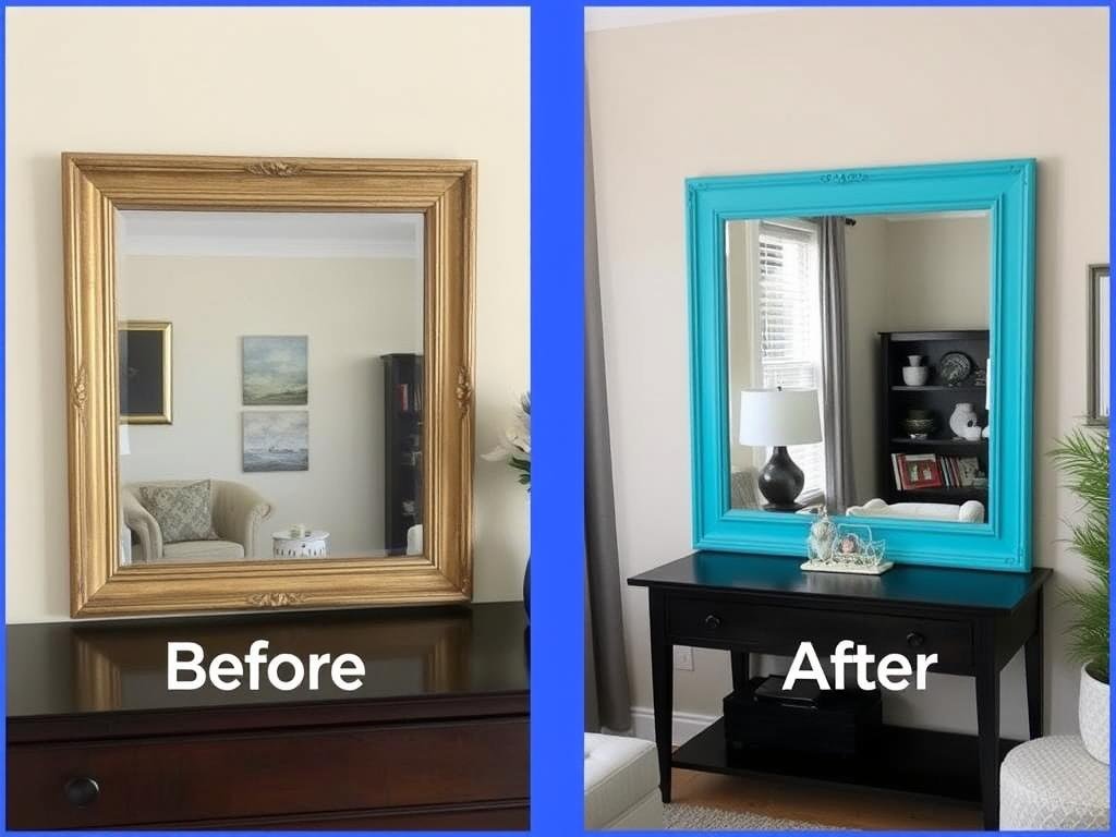 Before and after of mirror frame painted in fresh modern color Before and after of mirror frame painted in fresh modern color
