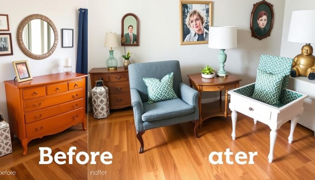 Before and after of upcycled furniture DIY projects including a painted dresser, reupholstered chair, and transformed side table