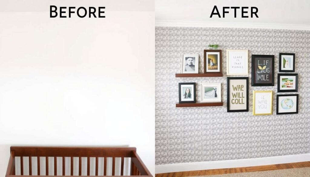 Before and after transformation of a baby room wall with creative decor elements