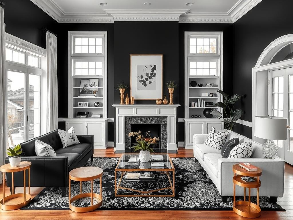 Black and white living room with gold accents and natural elements Black and white living room with gold accents and natural elements