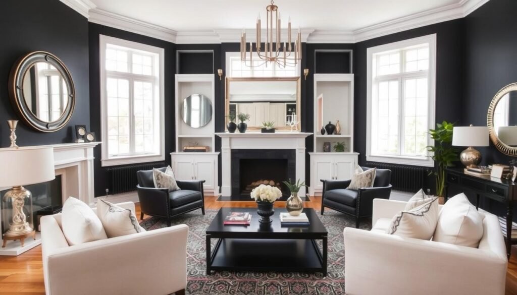 Black living room with strategic lighting and white contrasting elements Black living room with strategic lighting and white contrasting elements