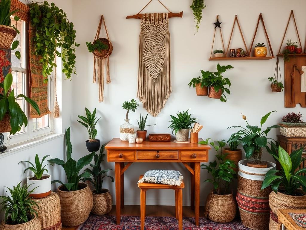 Bohemian beauty room with natural materials and plants