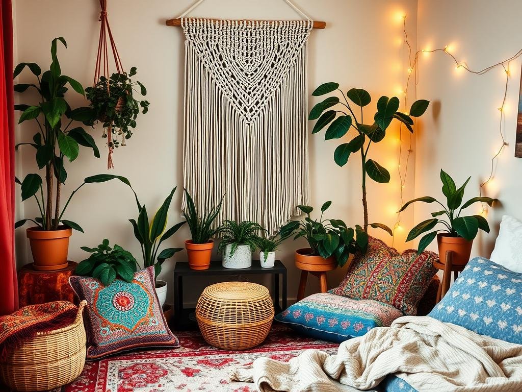 Bohemian bedroom corner with macramé wall hanging, plants, and floor pillows Bohemian bedroom corner with macramé wall hanging, plants, and floor pillows