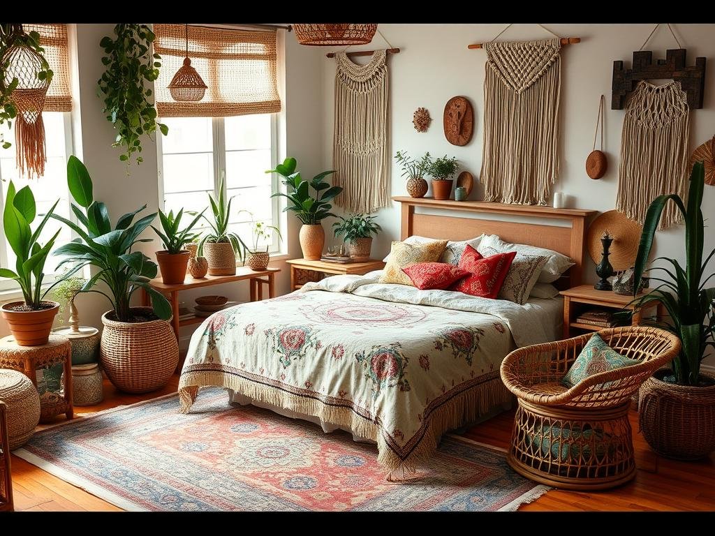 Bohemian bedroom with layered textiles, mixed patterns, and plants