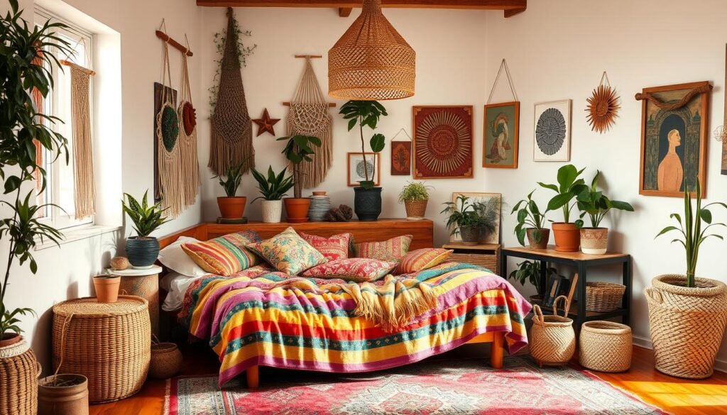 Bohemian bedroom with layered textiles, plants, and eclectic decor Bohemian bedroom with layered textiles, plants, and eclectic decor