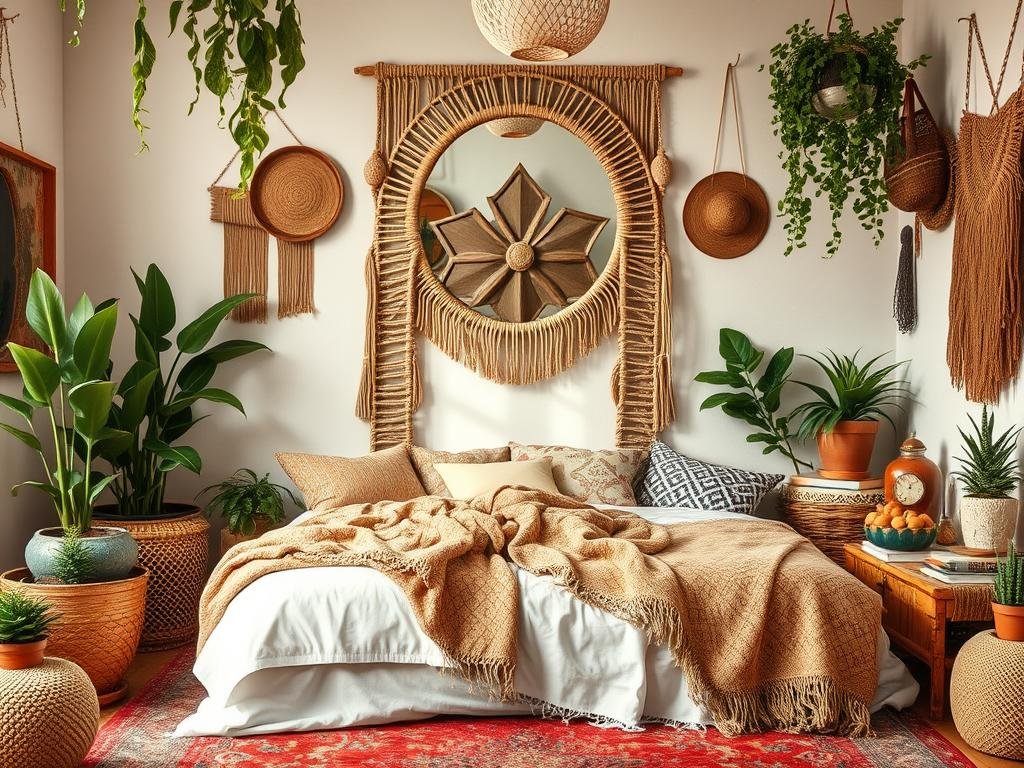 Bohemian bedroom with rattan mirror frame and eclectic decor Bohemian bedroom with rattan mirror frame and eclectic decor